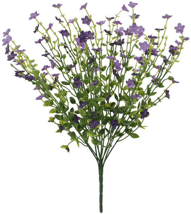 The 17.5 Mixed Forget Me Not Purple (Model 83416-PU) features delicate blooms with lush green stems and leaves, creating a full appearance that highlights the arrangements intricate structure.