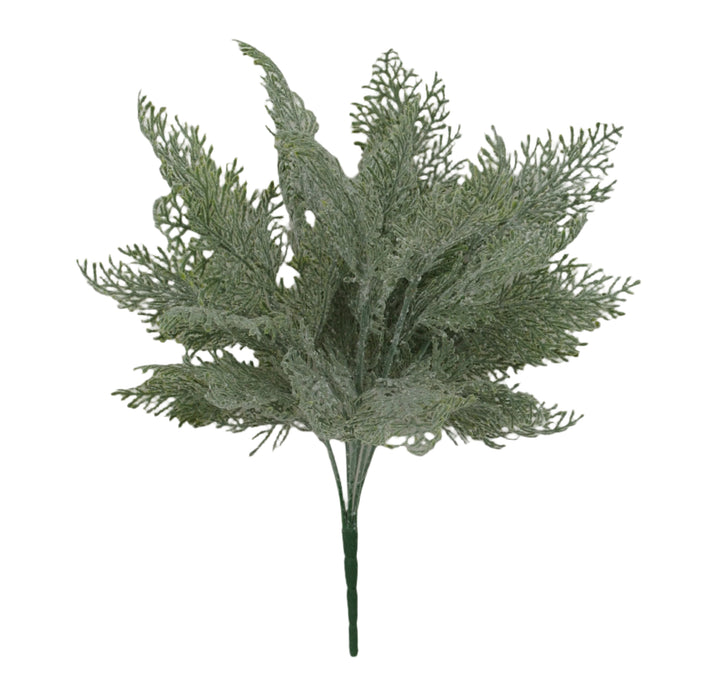 The 18 Long Green Frosted Cypress Bush with 7 Stems 83611 features lifelike green foliage with frosted tips, arranged as a small bouquet and bound at the base, resembling a cypress bush against a plain light background.