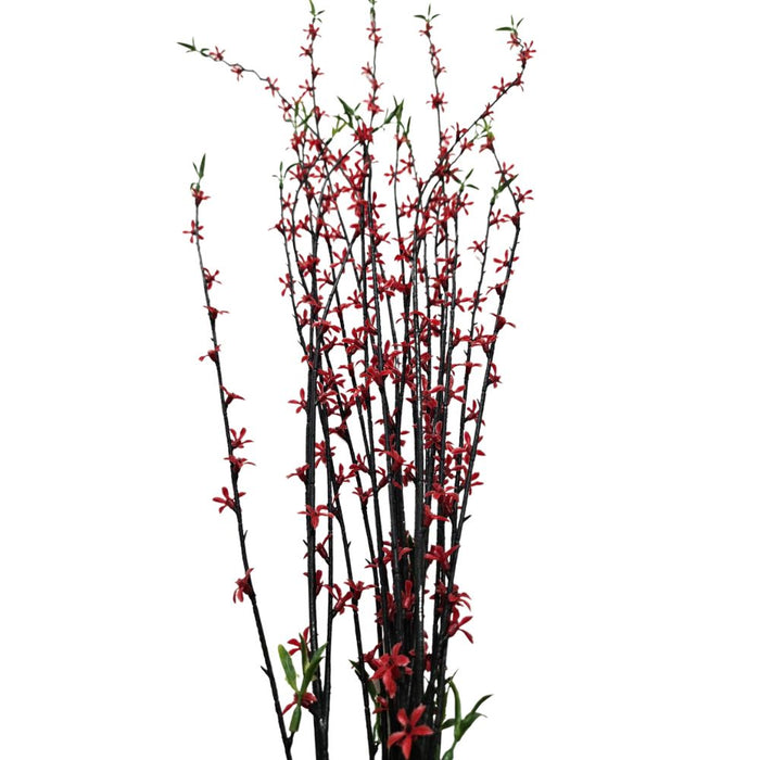 The 35 Red Plastic Spray (Part No. 83670-RD) features tall, thin branches adorned with small red flowers and a few green leaves, standing elegantly against a white background to add vibrant decor.