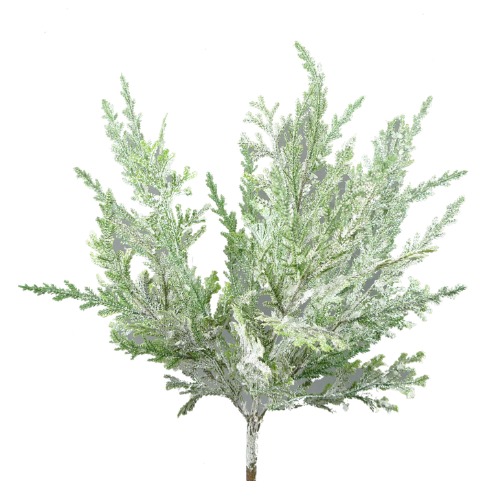 A 20 White Glitter Pine Bush with 6 stems featuring feather-shaped, variegated green and white leaves, isolated on a transparent background. Product: 83878SNOW.