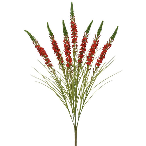 The 25.5 Red Lavender Bush (84007-Rd) features seven red artificial Veronica flower stems and lush green leaves, fanning out against a white background in a striking display.