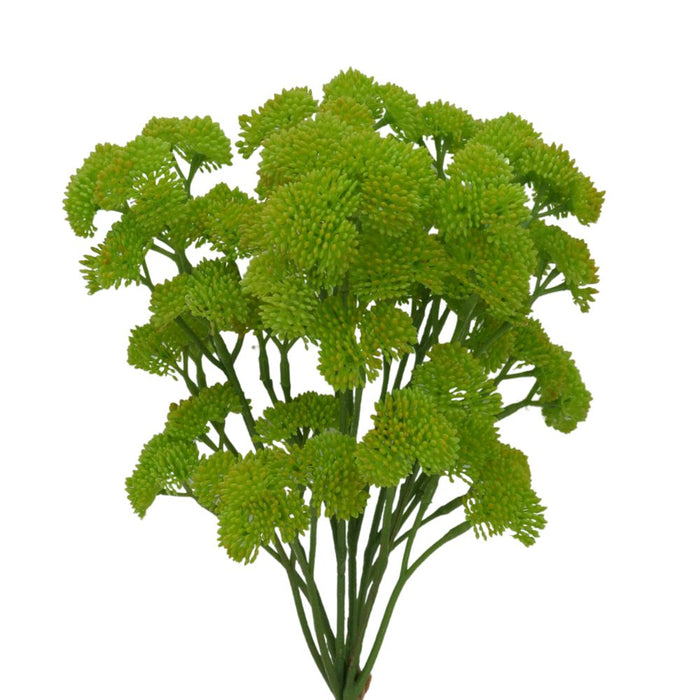 The 84060-Gn, 17 Green Sedium Bundle features 5 vibrant faux stems with densely packed leaves resembling lush greenery.