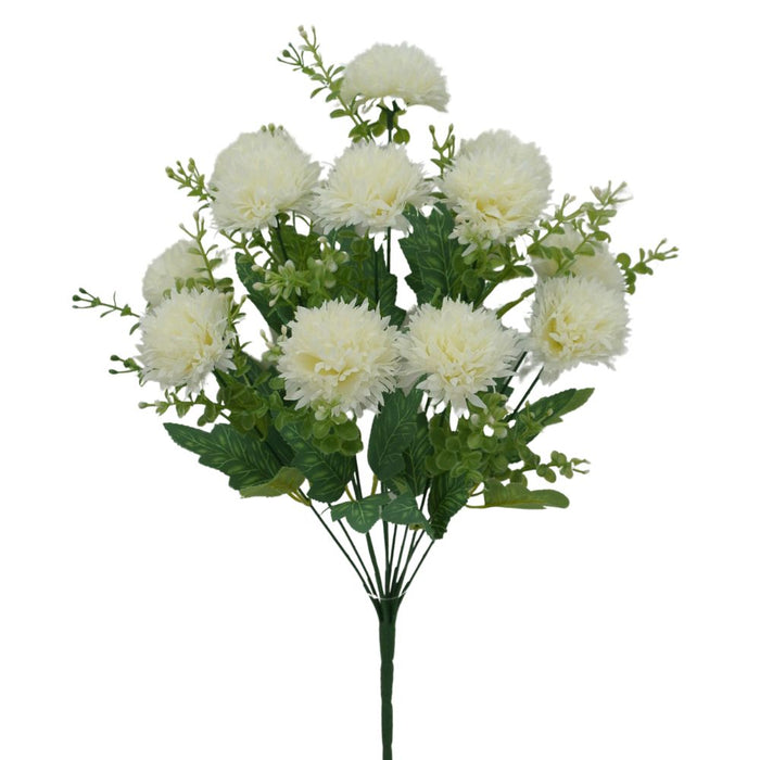 The 19 White Pom Pom Bush features 12 artificial chrysanthemum stems with lush green leaves and delicate sprigs, arranged on a plain white background.