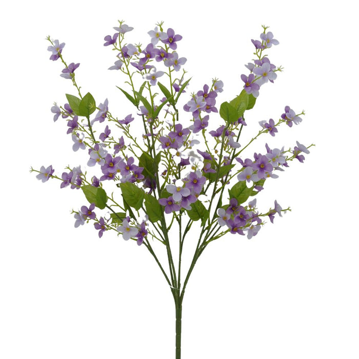 The 22 Purple and Lavender Filler Bush (84266-PuLv) showcases delicate purple and white flowers with green leaves on slender stems, arranged in a spray-like formation. Its small flowers with dark centers create a lush and vibrant appearance against a plain white background.