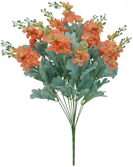 A 24 Delphinium Bush inspired arrangement with 12 salmon-colored stems, lush green leaves, and orange-hued flowers with multiple small petals. Some buds are partially open, adding detail to this exquisite fan-shaped display.