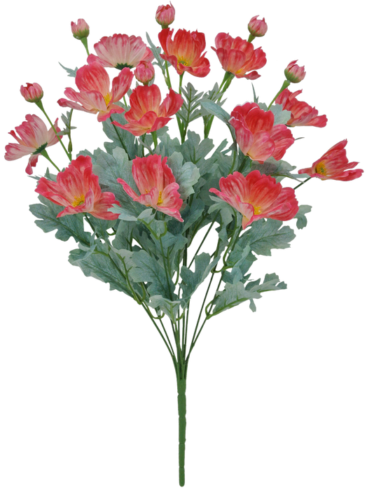 The 22 Cosmos Bush Hot Pink (12 Stems, 84299-BTY) features dazzling hot pink cosmos flowers with vibrant yellow centers and lush green leaves, creating a full, lively display.