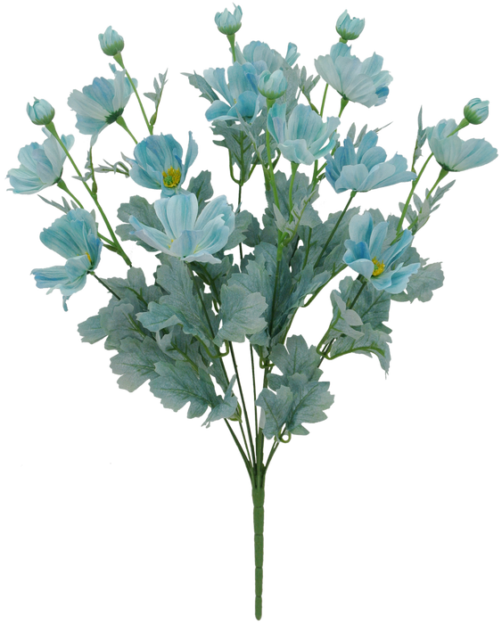 The 22 Cosmos Bush Teal (SKU: 84299-TEAL) features a bouquet of light blue and teal flowers with 12 stems, arranged in a fan shape. Blossoms with soft textures mingle with green leaves, while small buds promise future blooms.