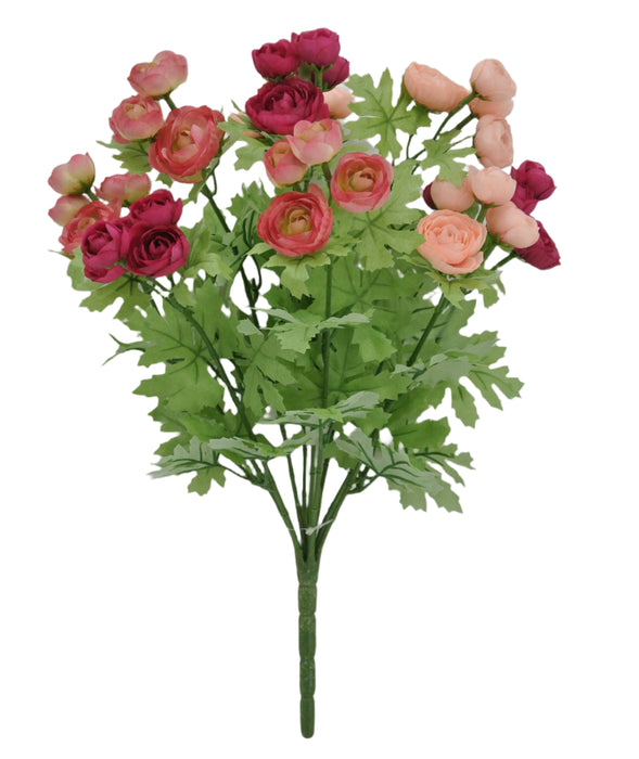 The 16 Long Pink and Fuchsia Ranunculus bush (9 stems, 84399-PKFU) features artificial ranunculus flowers with green leaves, arranged against a plain white background.