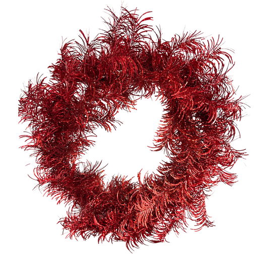 The 24 In Tinsel Wreath 84574-Rd features shiny, red metallic tinsel with feathery, spiky strands, arranged in a circular shape against a white background.