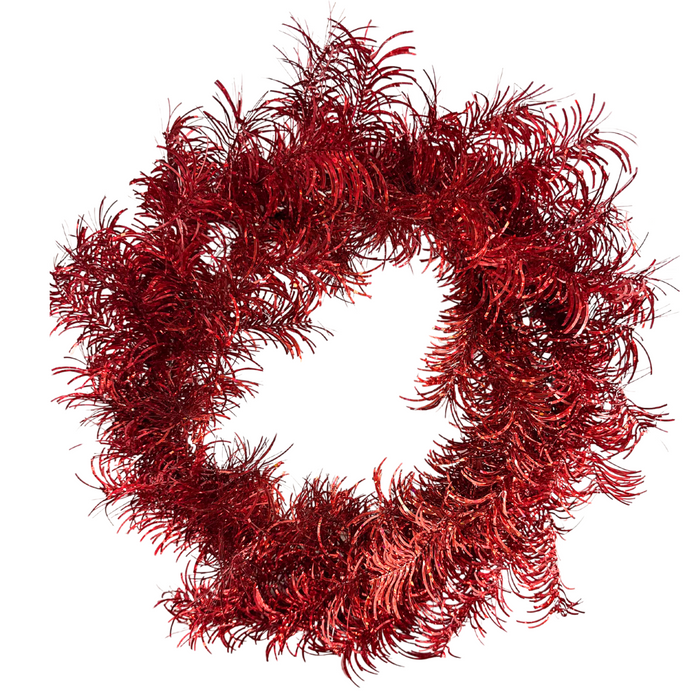 The 24 In Tinsel Wreath 84574-Rd features shiny, red metallic tinsel with feathery, spiky strands, arranged in a circular shape against a white background.