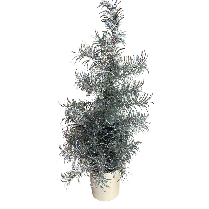 The 24 In Tinsel Tree 84578-Silver features shimmering silver tinsel branches and stands in a simple white pot, displayed against a white background.