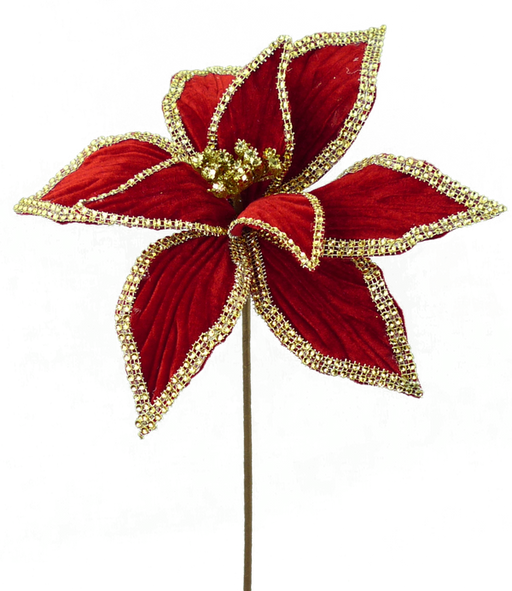 Product Description: The 11" by 21" Red and Gold Velvet Bead Poinsettia Spray (product code: 84586RDGD) features vibrant red petals with gold trimming, set against a white background. The center is adorned with small golden stamen, offering an eye-catching display.
