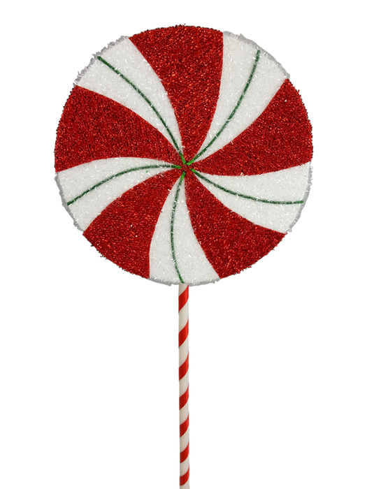 A charming 1.5" by 9" by 28" Red and White Foam Peppermint Lollipop (85130SP28) boasts a large, round decoration with red and white swirls, complemented by a stick wrapped in a corresponding red and white striped design.