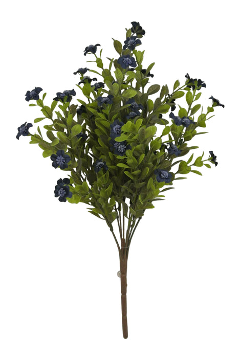 The 16 Blue Filler Bush 9 Stems 85152-BL features artificial green leaves and small dark blue flowers on brown stems, set against a plain light gray background.