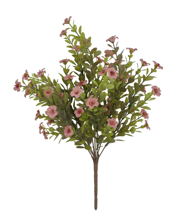 The 16 Mauve Filler Bush (9 Stems, 85152-MV) features artificial green leaves and mauve pink flowers with small blossoms, arranged against a plain white background.