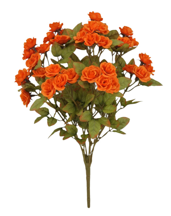 The 15.5 Long Orange Mini Rose Bush with 9 Stems (model 85206-OR) features vivid orange artificial flowers and green leaves on a single brown stem, displayed against a plain white background.