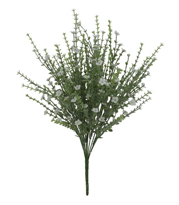 The 21 White and Green Plastic Flower with Iced Petals 85263-WT features green stems and small white flowers with iced petals, arranged in a fan shape against a plain white background.