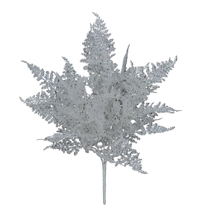 The 22 White Glittered Fern Bush Spray with 5 Stems (85268-WT) features fan-shaped, glittered leaves that stand out against a plain black background.