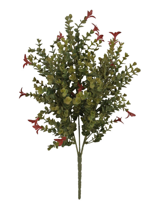 The 19 Red Mini Eucalyptus Plastic Spray 85272-RD features artificial green eucalyptus leaves and small red flowers, arranged in a fan shape, displayed against a plain white background.