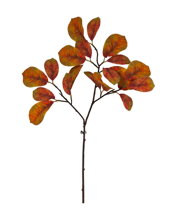 The 39 Long Yellow and Orange Magnolia Leaf Spray (85320-YELOR) features broad, oval-shaped leaves in vibrant orange, yellow, and red hues, beautifully arranged against a plain white background.