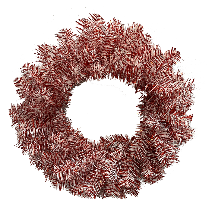 The 24 Diameter Red and White PVC Wreath (85630WR24) features red and white tinsel stripes in a festive candy cane design, set in a circular shape against a black background.