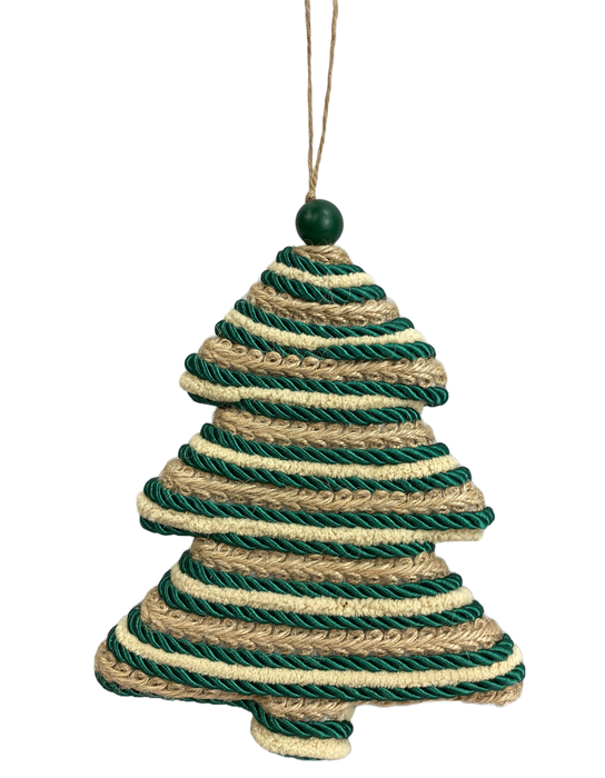 The 8 by 6.25 Green Jute Twine Ornament Tree (85700GN) features spiraled green and beige jute, shaped like a tree, with a string and green bead at the top for easy hanging.