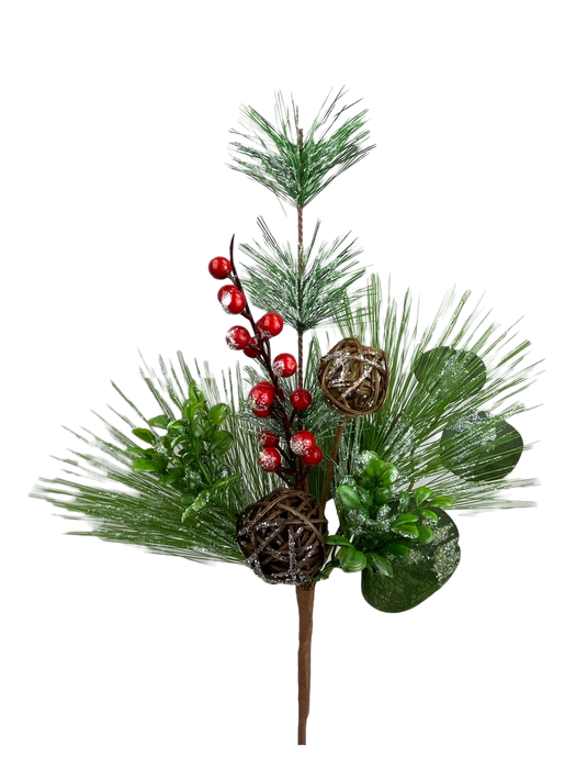 The 16 Red Wicker Ball Pick (85816RD) features pine needles, green leaves, red berries, and two wicker balls on a brown stem, isolated on a transparent background.