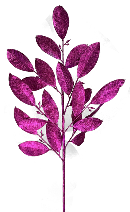 A vibrant display of the 30" Hot Pink Glitter Leaves Spray 7 Stems (86008BT) showcases glittering leaves arranged symmetrically against a plain white background, with long stems adding elegance and height to the composition.