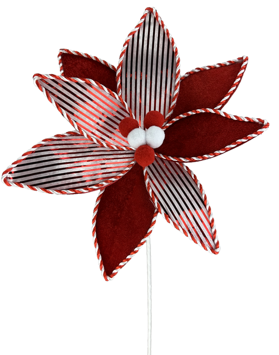 A 22-inch by 10-inch Peppermint Bell Poinsettia fabric flower, featuring decorative red and white striped petals and small pom-poms at its center, identified by product number 86028RDWT, set against a plain white background.