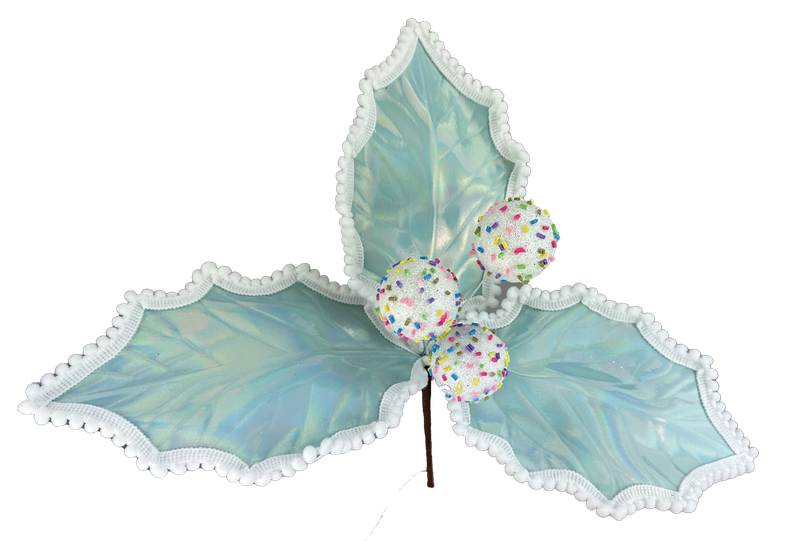 The 14" by 14" Blue Holly Pick (item code: 86056BL) is a decorative piece featuring three metallic leaves with ruffled white edges and three glittery white spheres adorned with colorful dots, reminiscent of holly berries on a brown stem. It is perfect for adding a touch of elegance to any setting.