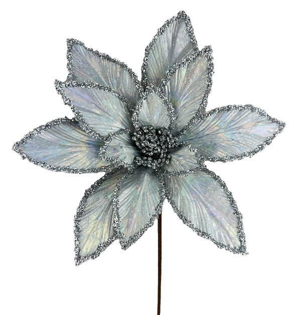 The 24 by 12 Silver Iridescent Stem 86070SV features shimmering poinsettia petals with glittered edges, adding a festive and elegant touch.
