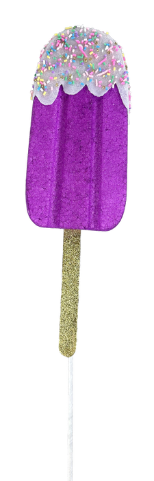 The 21" by 4" by 1.5" Purple Sprinkle Popsicle Spray (86105PU) is a glittery purple popsicle ornament that features a golden stick, and is topped with white icing and vibrant sprinkle designs for a delightful touch.