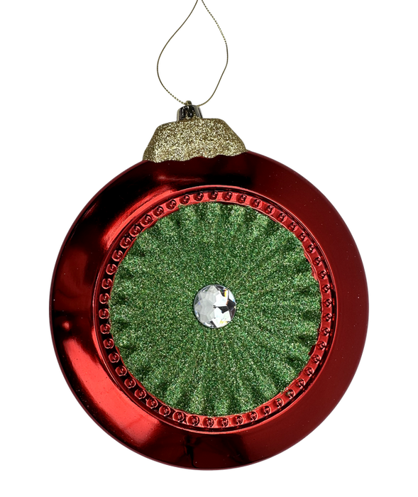 The 8 x 7.5 Red and Green Glitter Metallic Flat Ornament (86542RDGN) features a shiny red border, glittery green center, clear gem, gold cap, and hanging string to add festive sparkle to your holiday decor.