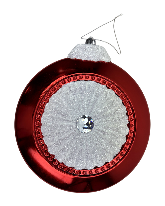 The 8 x 7.5 Red and White Glitter Metallic Flat Ornament (86542RDWT) features a round, red and white design with a dusted white top, textured center, sparkling gem, silver hanging wire, and metallic sparkle finish.