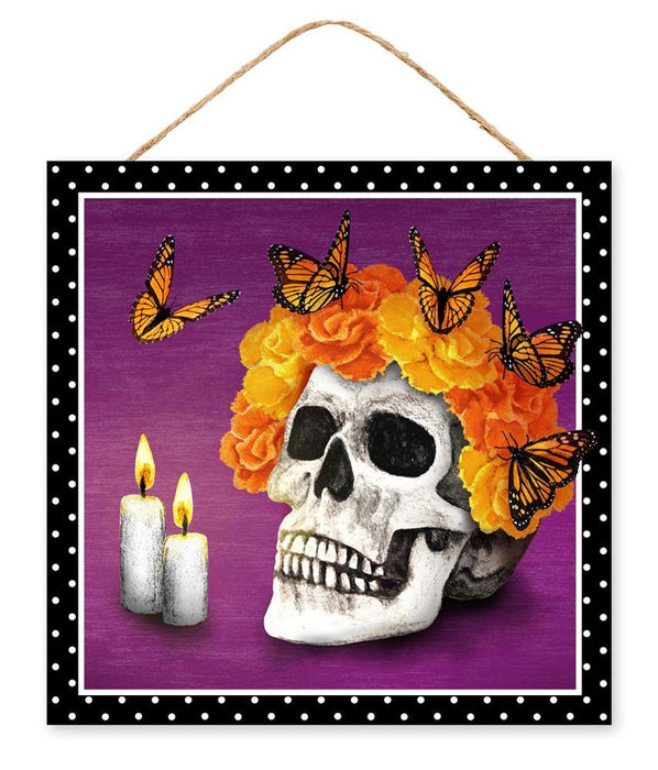 10"Sq Skull W/Flowers/Butterflies Sign Purple/Mustard/Orange/Black/White AP7220