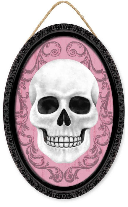 13"Hx9"L Framed Skull Oval Sign Black/White/Light Pink AP729715