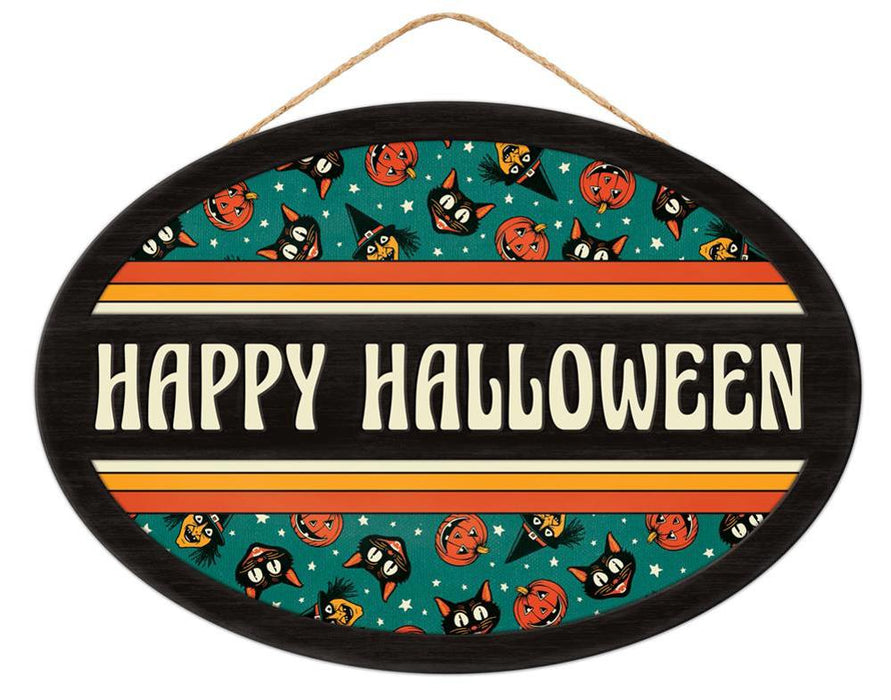 The 13L x 9H Happy Halloween Oval (AP7300) features bold text, cartoon black cat faces, and jack-o-lanterns on a teal, orange, yellow, and ivory MDF/paper background with a striped border and hanging rope.