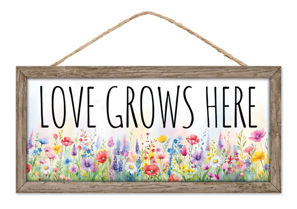 12.5"L X 6" H White Brown Pink Purple Yellow Green Love Grows Here Sign AP7386