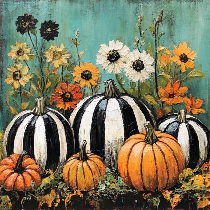 The 10 x 10 Black and White Stripe Pumpkins Sign (TTE-047) features striped pumpkins before vivid sunflowers and wildflowers on a teal, painterly background—ideal as an artistic metal sign for seasonal décor.