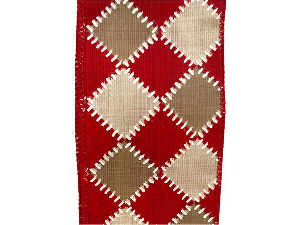 The 2.5 x 10 Yard Red Natural Tan and White Patchwork Ribbon TT2340-85 features festive beige and white diamond shapes with white stitching, creating a cheerful geometric pattern for Christmas décor.
