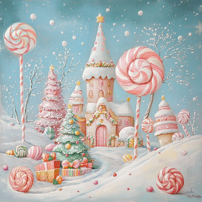 The 10 x 10 Candyland Christmas Village Sign (TTE-058) features a whimsical snowy scene with a gingerbread house, candy cane pillars, candy trees, lollipops, festive Christmas trees, and colorful gift boxes under a bright blue sky.