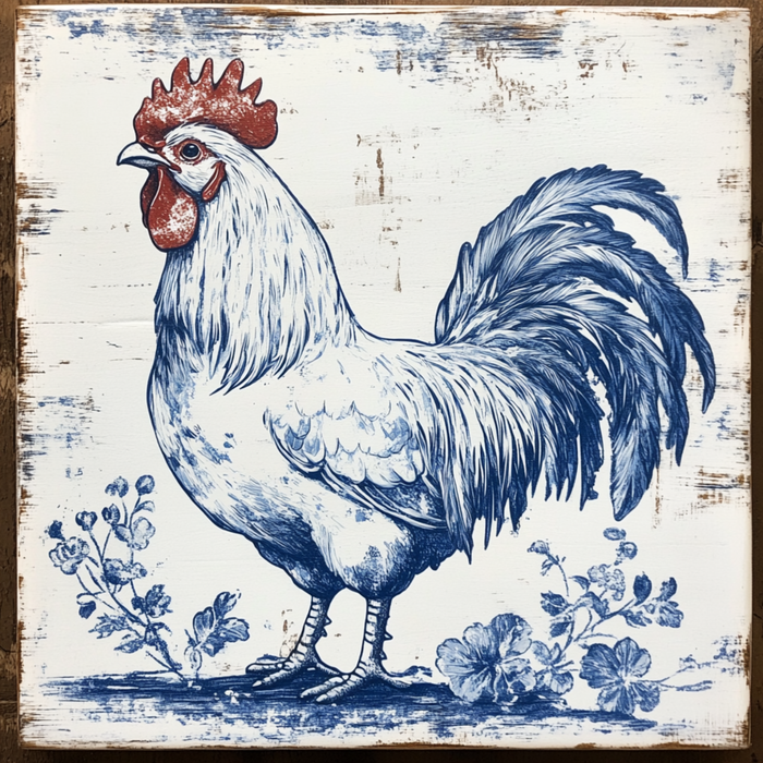 The 10 x 10 Chinoiserie Rooster Sign TTE-125 features a detailed blue and white rooster illustration among flowers, evoking a vintage Chinoiserie feel with its rustic design. The sign resembles traditional ceramic patterns set against a lightly distressed wooden background.