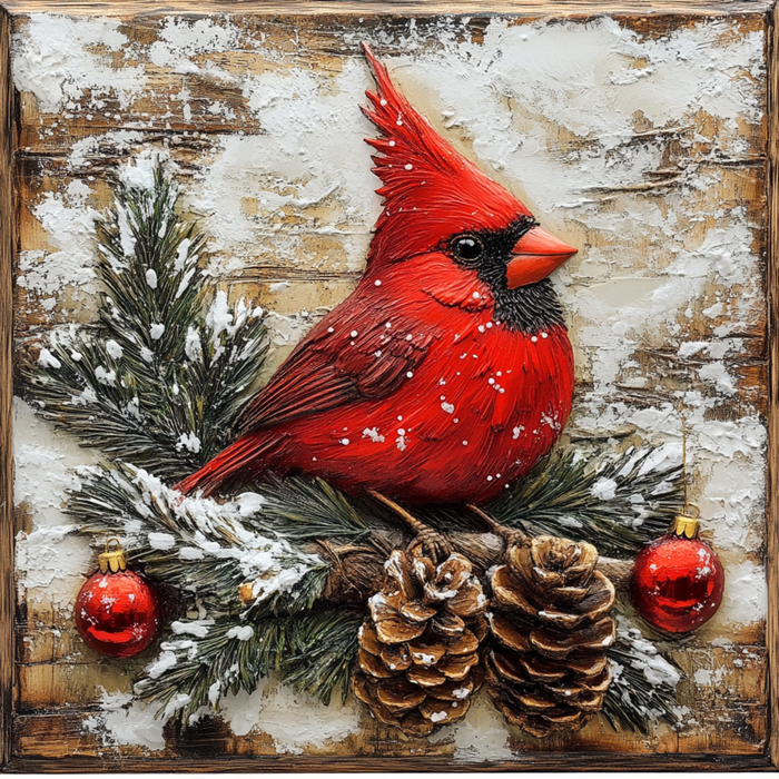The 10 x 10 Christmas Cardinal with Ornaments Sign (TTE-049) features a vibrant cardinal on a snowy pine branch with pinecones and red ornaments, set against a rustic background—perfect festive decor for your home.