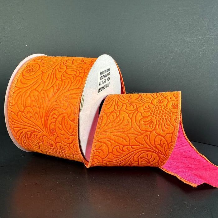 2.5"X10Y Orange Fuchsia Double Sided Embossed Dupioni Ribbon D42510-40-19