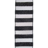 The 2.5 by 10 Yards Black and White Shabby Chic Glitter Faux Linen Ribbon DC19614 features wired strips with black and white horizontal stripes, speckled black areas, and meticulously stitched shabby chic pattern edges.