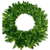 The 24 Metallic Green Metallic Wreath (Model: DCWRE3A91GN) features pine-like branches and is shown against a white background.