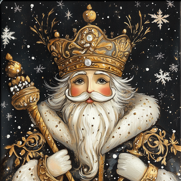 A dignified figure resembling the Elegant Nutcracker King Sign from product TTE-138, sports a majestic white beard and is adorned with a lavish black, gold, cream, grey, and white crown and robe. The figure brandishes a golden scepter amid a dark, snowy backdrop where delicate snowflakes softly descend.