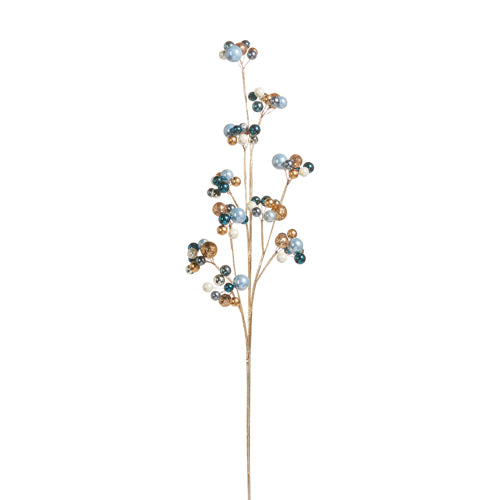 Product Name: 29" Blue and Gold Ball Spray F4317563
Description: A decorative ball spray adorned with clusters of small, glossy beads in shades of blue, gold, and silver on slender golden stems against a white background.