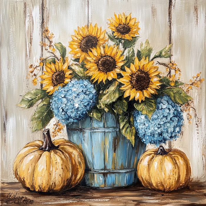 The 10 x 10 Fall Sunflowers, Hydrangeas & Pumpkins Sign (TTE-065) showcases vibrant sunflowers and blue hydrangeas in a blue bucket with two pumpkins, all set against a warm wooden background.