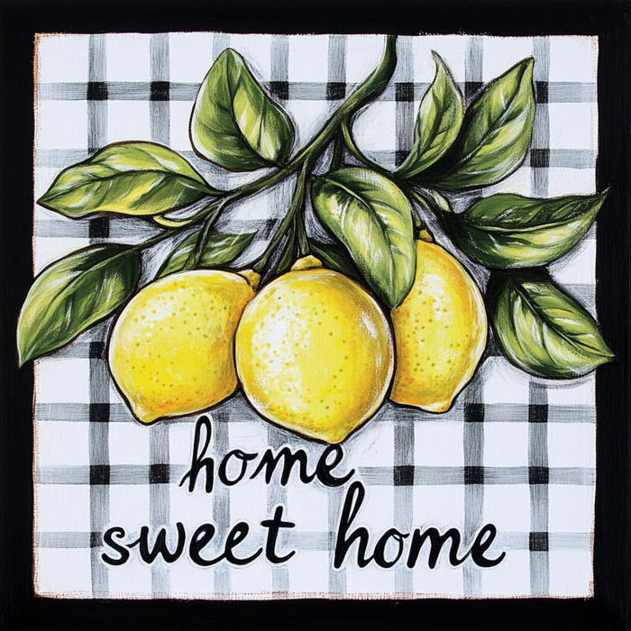 The 10 x 10 Home Sweet Home Lemons Sign TTE-263 charmingly showcases three yellow lemons with green leaves on a black and white plaid background, elegantly scripted with Home Sweet Home to create a hand-painted, rustic vibe.